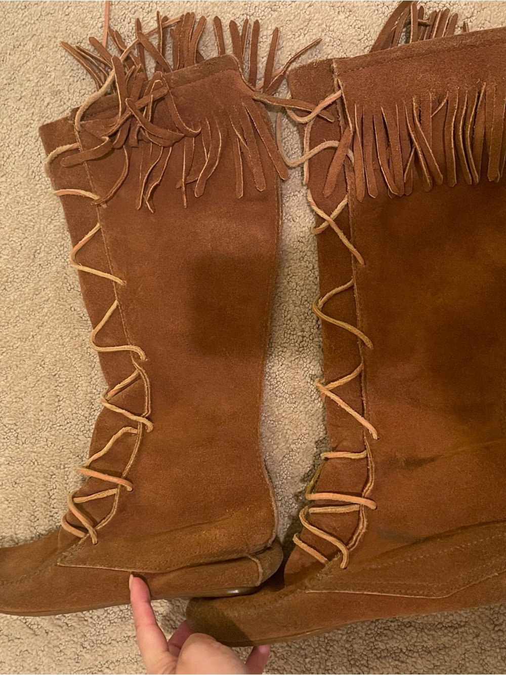 Minnetonka Suede 
Brown Fringe Knee-High Boots - Women